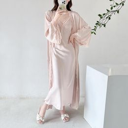 Women's Sleepwear Nightgown Set French Elegant Robe Sexy Lace Trim Women Long Kimono Bathrobe Loose Satin Nightdress Summer Home Wear