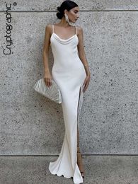 Party Dresses Cryptographic Sexy Backless Elegant White Draped Maxi Dress Outfits Women Sleeveless Summer Club Party Straps Slit Dresses Gown L230313