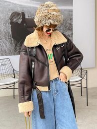 Women's Leather Winter Women Vintage Faux Lamb Fur Short Jacket Long Sleeve Belt Hem Moto Biker Thick Warm Sheepskin Coat Outwear