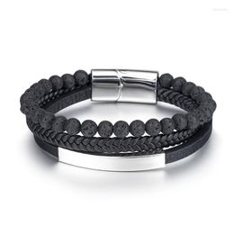 Charm Bracelets Trendy Stainless Steel Men Bracelet Natural Stone Handmade Weaved Leather Multi-layer Punk Bangle For Boys Gift