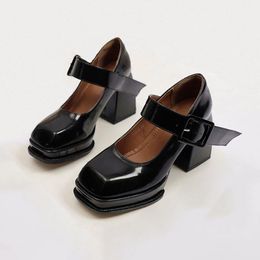 Dress Shoes Women Pumps Black Square Toe Mary Janes Retro Buckle Strap High Heels Chunky Heel Platform