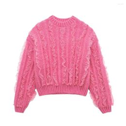 Women's Sweaters Rose Red Knitted Pullover For Women Jumpers Long Sleeve Crop Tops High Quality Fashion Ruffles Patchwork Ladies Sueter