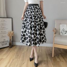 Skirts Fashion Elegent Vintage Love Print White For Women Summer High Waist Floral Loose Midi Skirt Beige Mujer Faldas