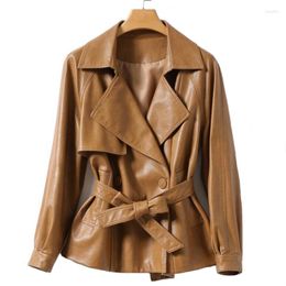 Women's Jackets Japanese Style Genuine Sheep Leather Jacket For Women Lace Up Waist Solid Short Coat IL00649