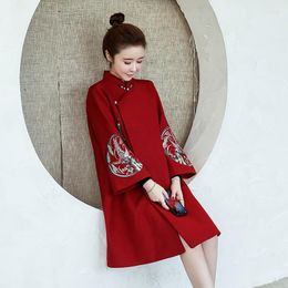 Ethnic Clothing Red Cheongsam Dress Autumn And Winter Chinese Style Retro Elegant Modern Qipao 2023 Women Year Plus Size Xl 5Xl FF2285