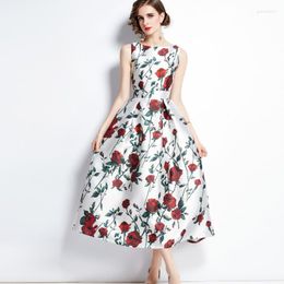 Casual Dresses Fashion Elegant Rose Flower Print A-Line Dress 2023 Runway Design Women's Sleeveless Slim Waist Party Vestidos