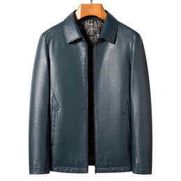 Men's Jackets YN-2285 Winter Men's Lapel Leather Down Jacket Fashion Casual White Duck Down Liner Filled Warm Black Lake Blue Thick Coat 230313