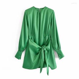 Casual Dresses 2023 Green Dress Women Satin Woman Elegant Long Sleeve Mini Summer Lady Knot Wrap Evening Short