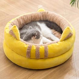 Cat Beds Cartoon Semi Enclosed Nest Kennel Dog Comfortable Plush Pet Detachable Cushion