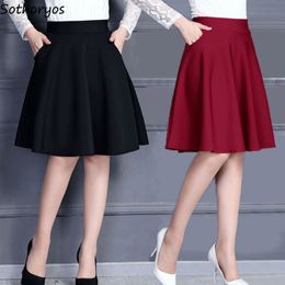 Skirts Skirts Women M-3XL Pleated Solid Pocket Elastic Waist Middle Skirt Trendy All-match Office Lady Skin-friendly Elegant 230313