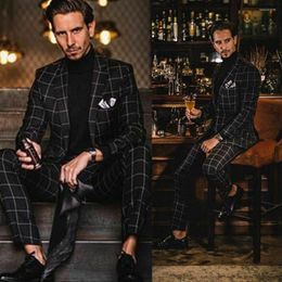 Men's Suits Black Plaid Men Suit 2 Pieces Fashion Tailor-Made Blazer Pants Single Breasted Wedding Groom Work Wear Causal Tailored