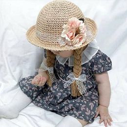 Caps Hats Spring Summer Baby Kids Girl Sun Block Hat Beach Hair Pigtail Braid Wig Cap Children Girls Flower Straw Hat Cap Arrivals 230313