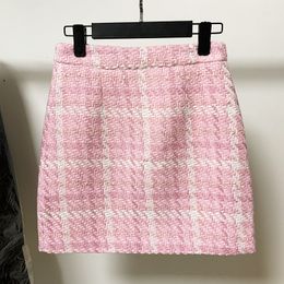 Skirts Designer Tweed Plaid Pink Skirt Women Autumn Winter Weave Woolen Tweed Office Ladies Mini Skirt Thick High Quality 230313