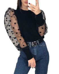 Women's Blouses Shirts Womens Polka Dots Tops Sheer Mesh Shirt Puff Long Sleeve Knitted Blouse Women ShirtsTop 230311