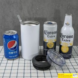 1pc sample 4 in 1 Sublimation Straight Tumbler 16oz Stainless Steel can cooler with 2 lids 1 Plastic Straw and Beer cola cooler Double