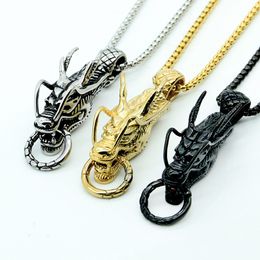 Punk Style Casting Biker dragon head Pendant High Quality Silver stainless steel Gothic Necklace with Box chain 3mm 24''Silver Black Golden