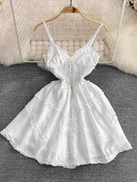 Casual Dresses ZCWXM French White Suspender Mini Dress Women Summer Sexy Backless Lace Bow Single Breasted Slim High Waist Spice Girl