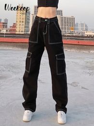 Womens Jeans Weekeep Pockets Patchwork Baggy Fashion Streetwear 100% Cotton Women Denim Trouser Loose Cargo Pants Korean Harajuku 230313