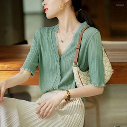 Women's Blouses Elegant V-Neck Button Knitted Spliced Gauze Ruffles Shirt Women's Clothing 2023 Spring Casual Tops All-match Commute