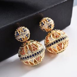 Stud High quality luxury hollow design Colourful zircon tow side ball stud earrings vintage ethnic Jewellery for woman gift 230313