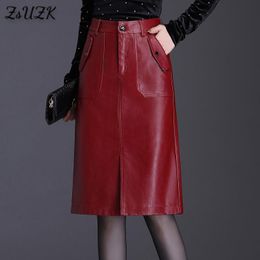 Skirts Women PU Leather Bodycon Skirts Spring Autumn Front Slit High Waist Streetwear Straight Skirt Pocket Knee-Length Skirt 230313