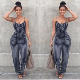 Women's Jumpsuits & Rompers Summer Women Clubwear Striped Print Sleeveless Strappy High Waist Party Jumpsuit Lady V-neck Romper Long Pant