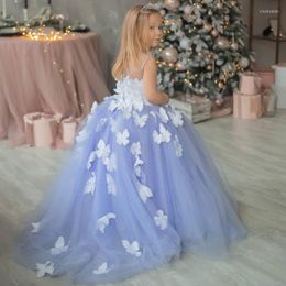 Girl Dresses Flower Lace Appliques Blue Formal Event Dress Up Back Beautiful Party Gowns