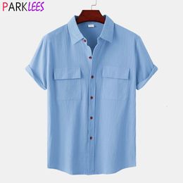 Men's T-Shirts Double Pocket Cotton Linen Shirt Men Summer Short Sleeve Casual Button Down Shirts Mens Beach Holiday Breathable Camisas 230311