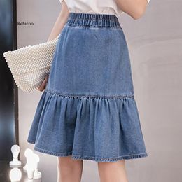 Skirts Jeans Skirt Plus-Size Elastic High-Waist Fashion Women Vintage Casual 5XL Washed Slim Flounced Denim Skirt 230313