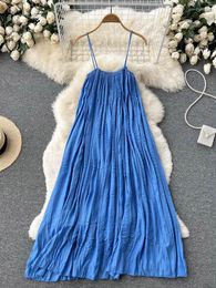 Casual Dresses ZCWXM Boho Pleated Dress Women Clothing Loose Sexy Spaghetti Strap Slash Neck Ladies A-LINE Beach