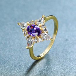 Wedding Rings Cute Female Crystal Purple Oval Ring Vintage Yellow Gold Thin For Women Promise