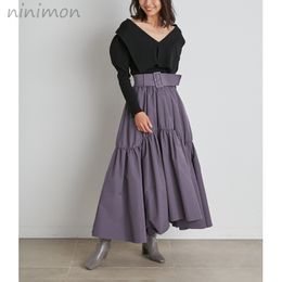 Skirts NINIMON Women Long Maxi Skirts Elegant Asymmetrical Ruffled High Waist Casual Pleat Mermaid Skirts with Belted SNIDEL Solid Skir 230313