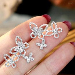 Stud Earrings Silver Color Hollow Three Layer Butterfly Earring For Women Gifts Bijoux Premium Luxury Zircon Statement Jewelry Accessories