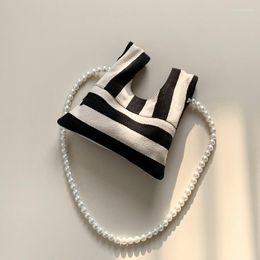 Evening Bags Bolso De Mujer Fashion Retro Black White Stripe Design Pearl Chain Crossbody For Woman Ins Cute Versatile Mini Handbag 2023