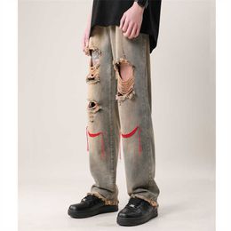 Men's Jeans Summer Red Line Embroidery Ripped Hole Denim Pants Men Hip Hop High Street Vintage Washed Jean Pants Male Loose Straight Jeans Z0301