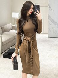 Casual Dresses Spring Midi For Women 2023 Sexy Basic Cotton Solid Robes Slim Bandage Brown Dress Femme Wild Bottom Lady Clothes