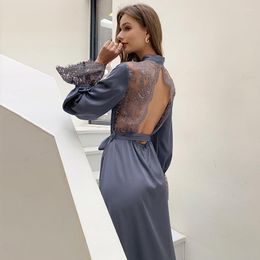 Women's Sleepwear Women's Homewear Lace Long Nightwear Silk Dressing Gown Kimono Robe Sexy Bathrobe Nightgown Lady Underwear