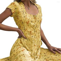 Casual Dresses Oversize Women Dress Set Bohemia Vintage Square Neck Short Sleeve Floral Print Buttons Summer Midi For 2023 Party