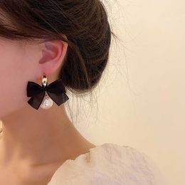 Dangle Chandelier AENSOA 2021 New Contracted Fabric Lace Bowknot Pearl Drop Earrings Sweet Black Colour Korea Fashion Women Lovely Earrings Jewellery G230313