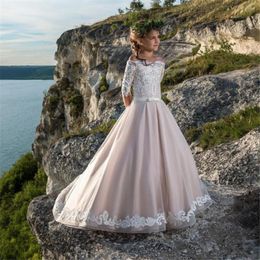 Girl Dresses Flower For Weddings Half Sleeve Ball Gown Tulle Appliques Beaded First Holy Communion Little