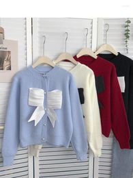Women's Knits ZCWXM Korean Bow Red Cardigan Knit Crop Sweater Women Autumn O Neck Pearl Single Breasted Femme Long Sleeved