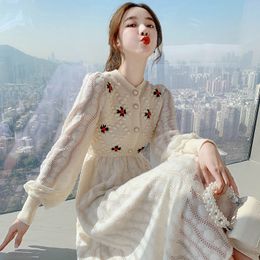 Casual Dresses Knitting Sweater Maxi Dresses for Women Female Korea Style Slim Embroidery Wool Long Sleeve Woman Dress Party Autumn Winter 230313