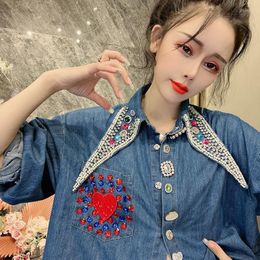 Women's Blouses Women's Denim Shirt 2023 Heavy Industry Color Diamond Pointed Collar Loose Single Breasted Fashion