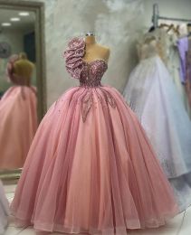 2023 Light Pink Prom Dresses Beaded Sequins One Shoulder Strap A Line Tulle Pleats Custom Made Evening Gown Formal Ocn Wear Vestidos Plus Size 401 401