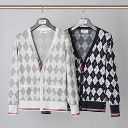 Fashion Brand Tb Thom Sweater Cardigan for Men and Women in 2023 Spring New Style Couple Suit Rhombus Cheque V-neck Fashionable Coat