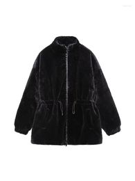 Women's Jackets YENKYE Women Zipper High Collar Faux Fur Jacket Vintage Drawstring Waist Long Sleeve Female Winter Warm Coat