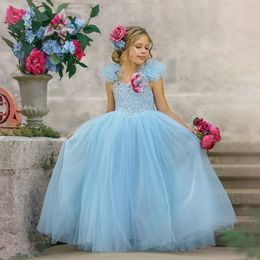 Light Sky Blue Flower Girl Dresses Lace Ball Gown Pageant Gowns For Wedding And Birthday Tulle Floor Length Kid Pageant Dress