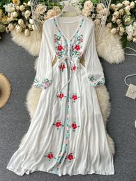 Casual Dresses Summer Women Vintage Embroidery Indie Folk Long Dress Ethnic Style V-neck Lantern Sleeve White Yellow Red