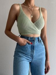 Women's Tanks Sexy V Neck Backless Lace Up Knitted Bralette Crop Tops Camisole For Women 2023 Summer Casual Holiday Green Tank Top