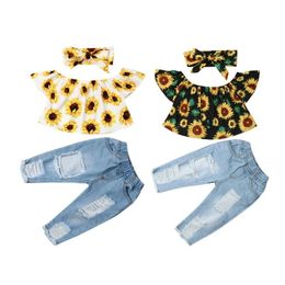 Baby Girls Summer Clothes Set Kids Off Shoulder Short Sleeve Sunflower Tops Ripped Denim Jeans 3Pcs Toddler Pant Outfits